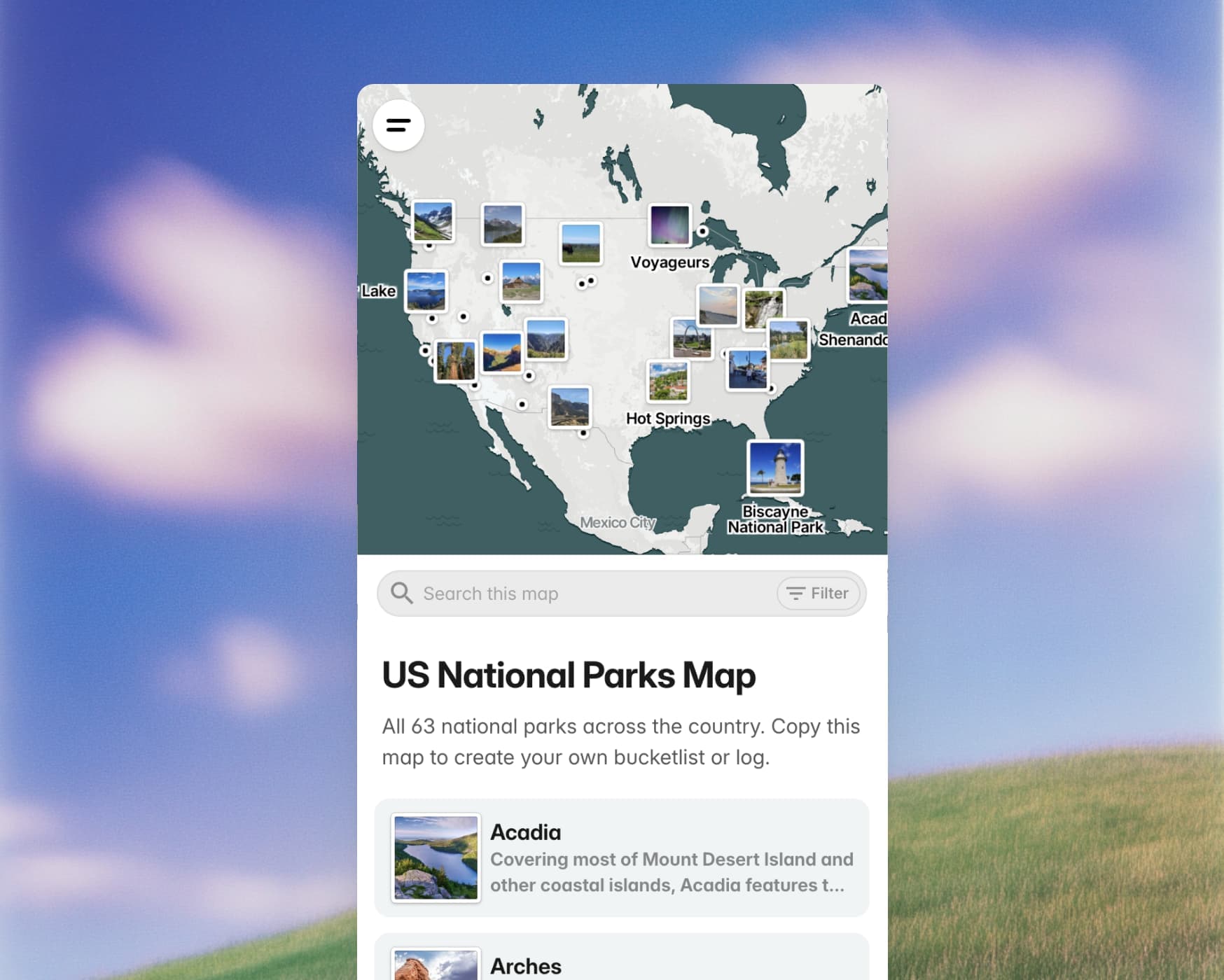 Screenshot of PamPam on a mobile device showing a map of US national parks