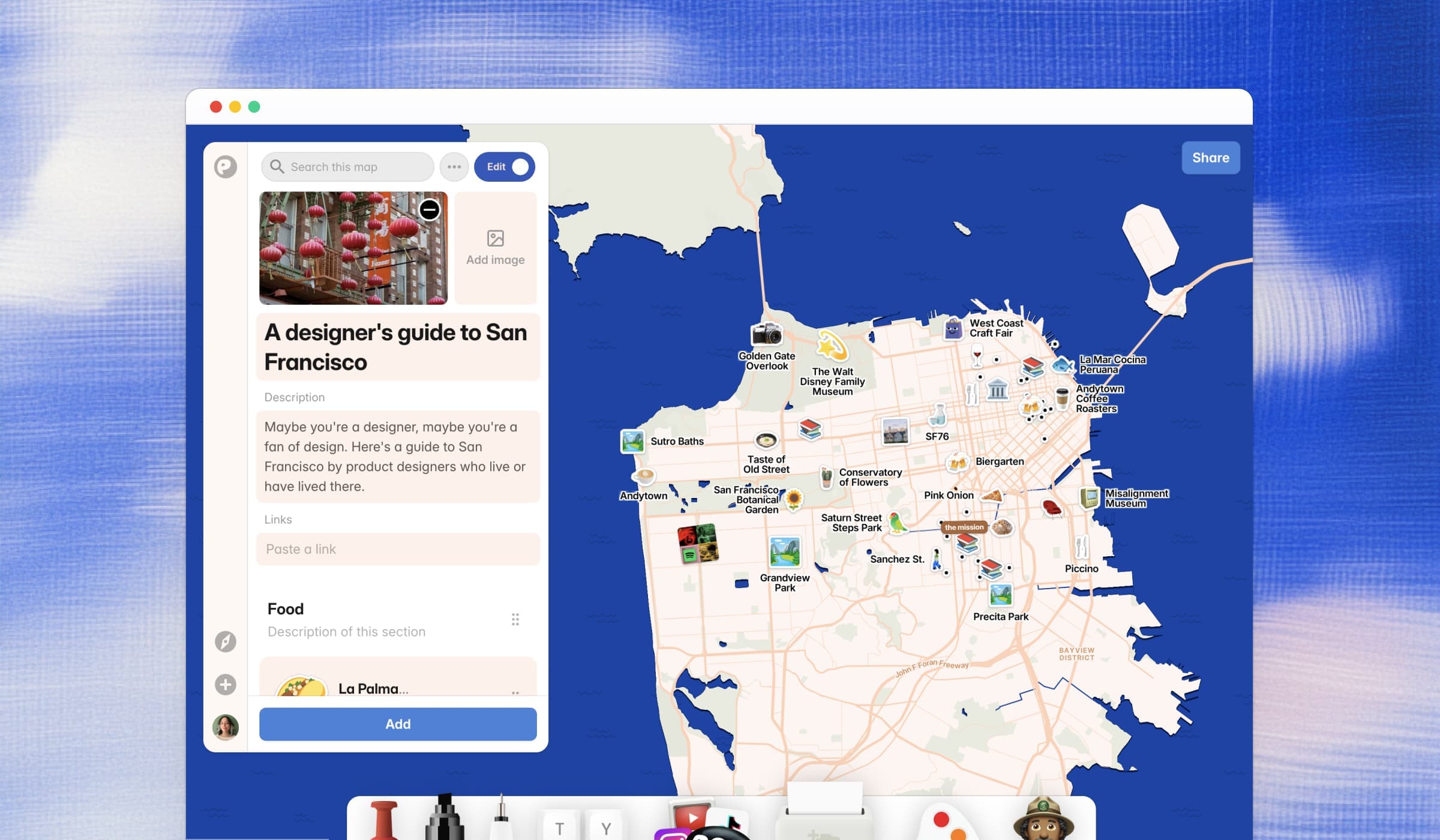 Screenshot of the PamPam map maker in edit mode showing a map titled 'A designers guide to San Francisco'