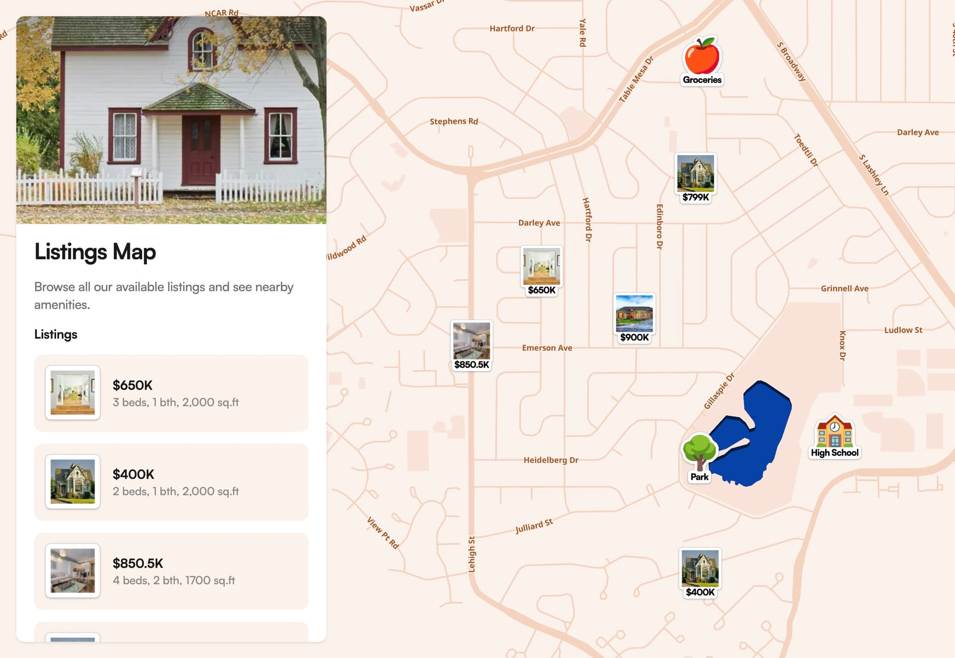 Interactive map of real estate listings