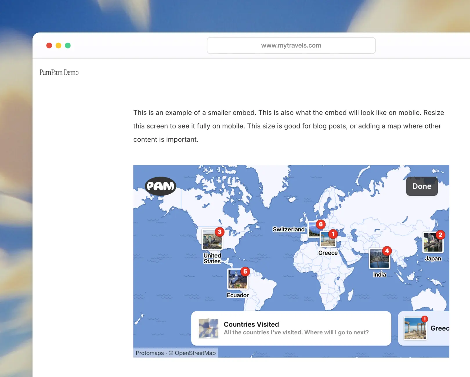 Screenshot of a website with a travel map PamPam map embed on a blog