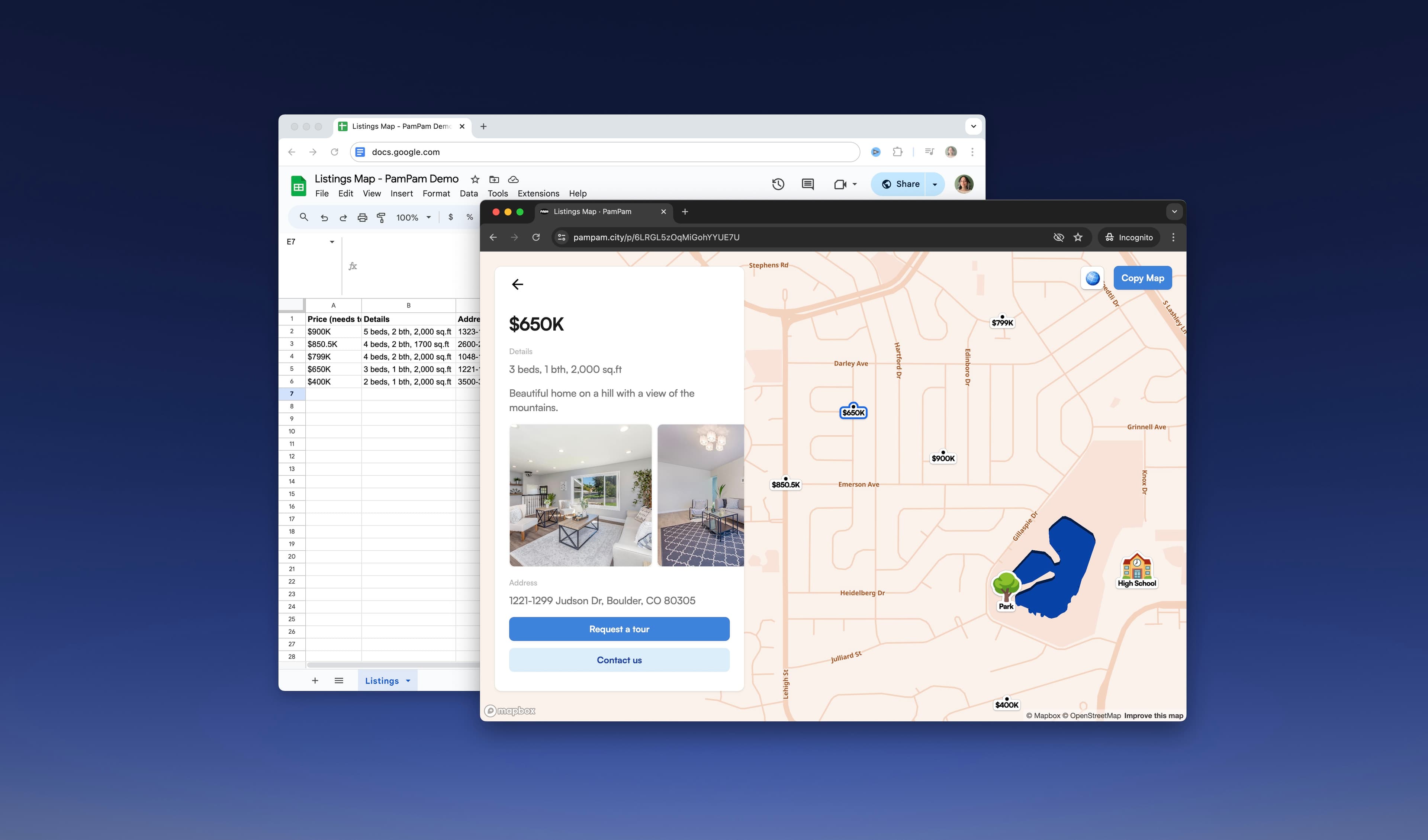 Screenshot of a PamPam custom map synced with a Google Sheet