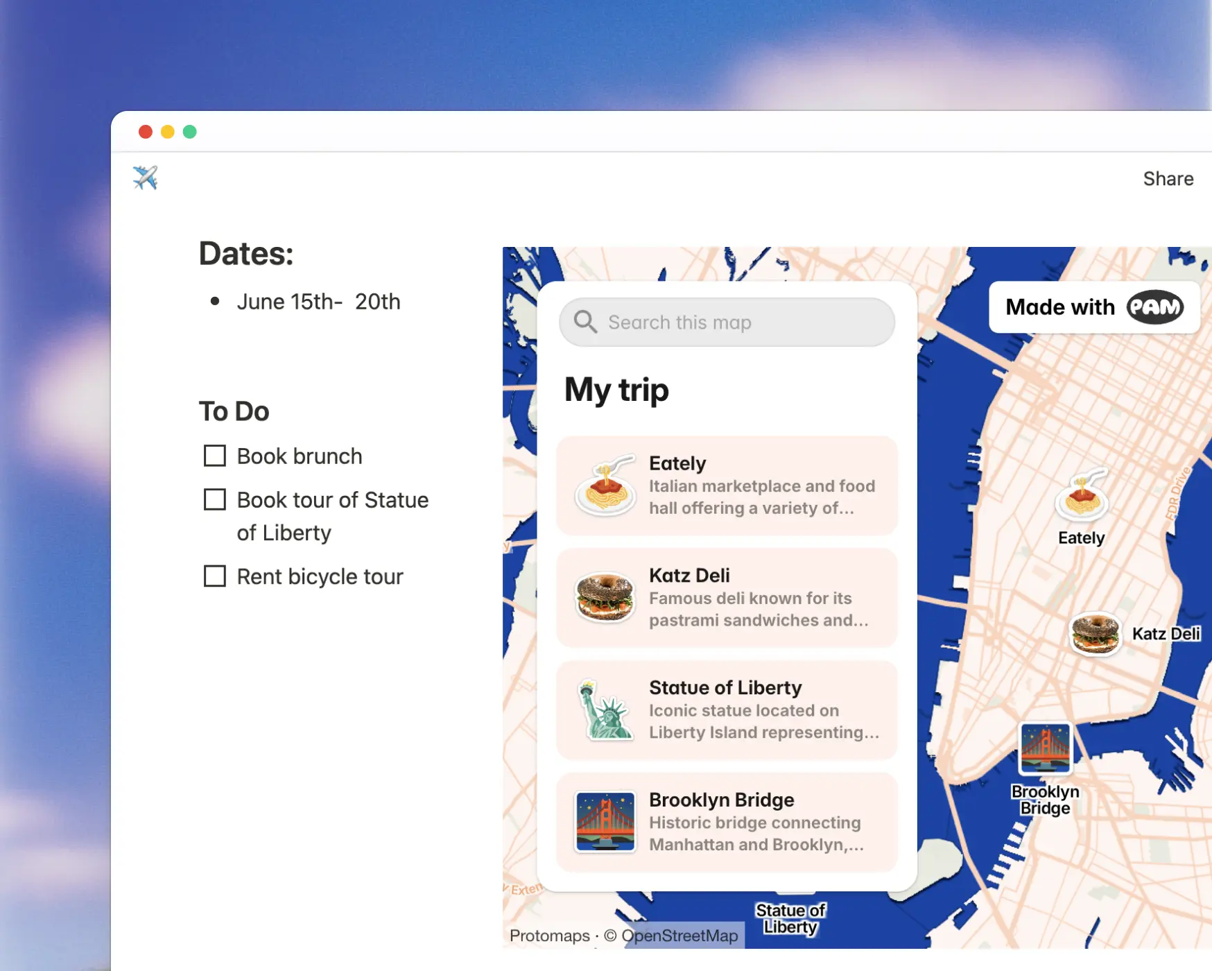 Screenshot of a website with an embedded  PamPam map