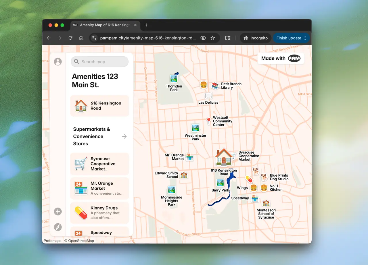 Screenshot of a vicinity map for real estate made with PamPam