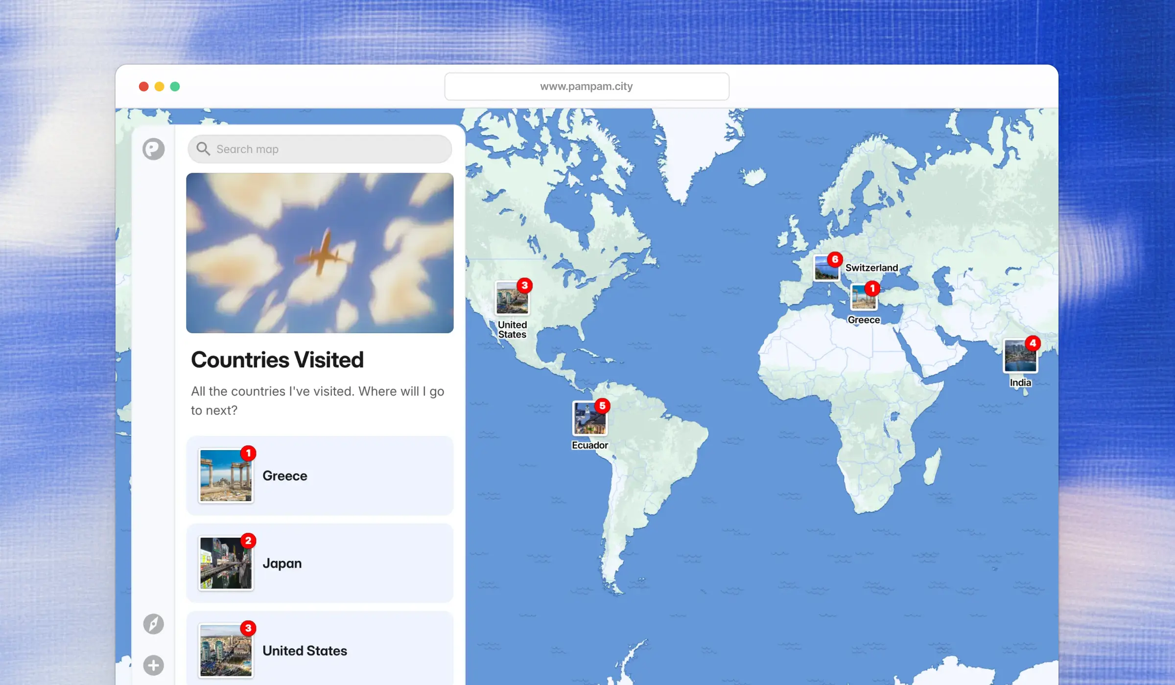 PamPam interactive map showing a travel map of countries visited.