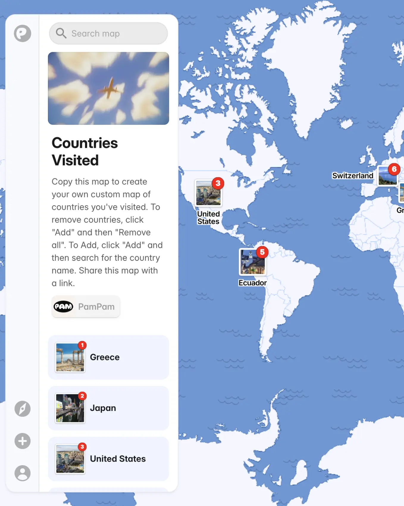 Preview of Countries visited map – an AI map maker template for Map of countries visited.