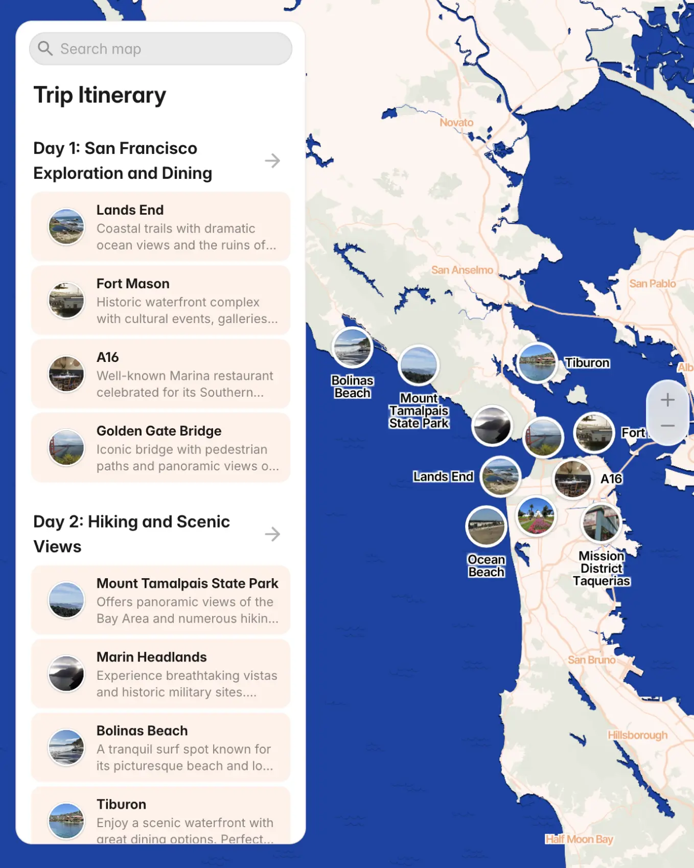 Preview of Trip Itinerary – an AI map maker template for Make a trip plan on a map.